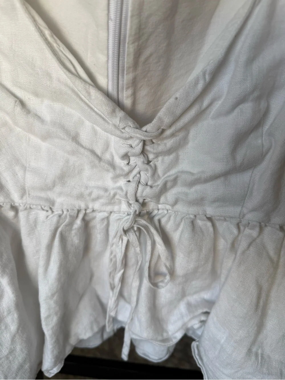 Reformation Abigail 100% Linen Top White Puff Sleeve Lace Up Peplum Size 8